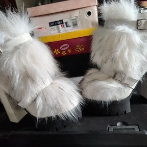 White Faux Fur Platform Boots with Buckle Detail
